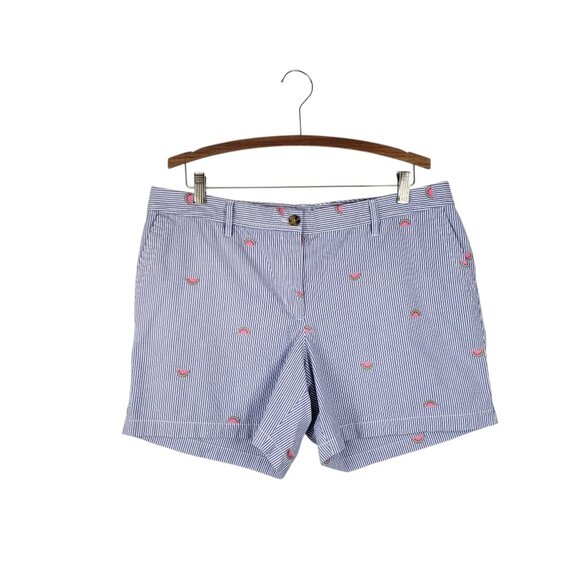 Talbots Girlfriend Chino Shorts Blue White Stripe Watermelon Embroidered 16P - Picture 1 of 6